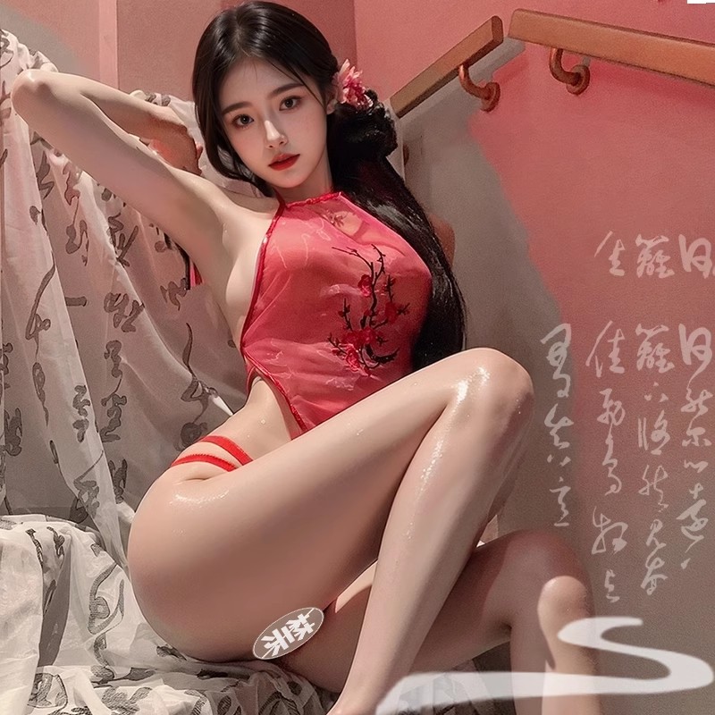 性感睡裙-霏慕-霏慕情趣内衣绣花挂脖绑带网纱透视性感古典肚兜套装7854